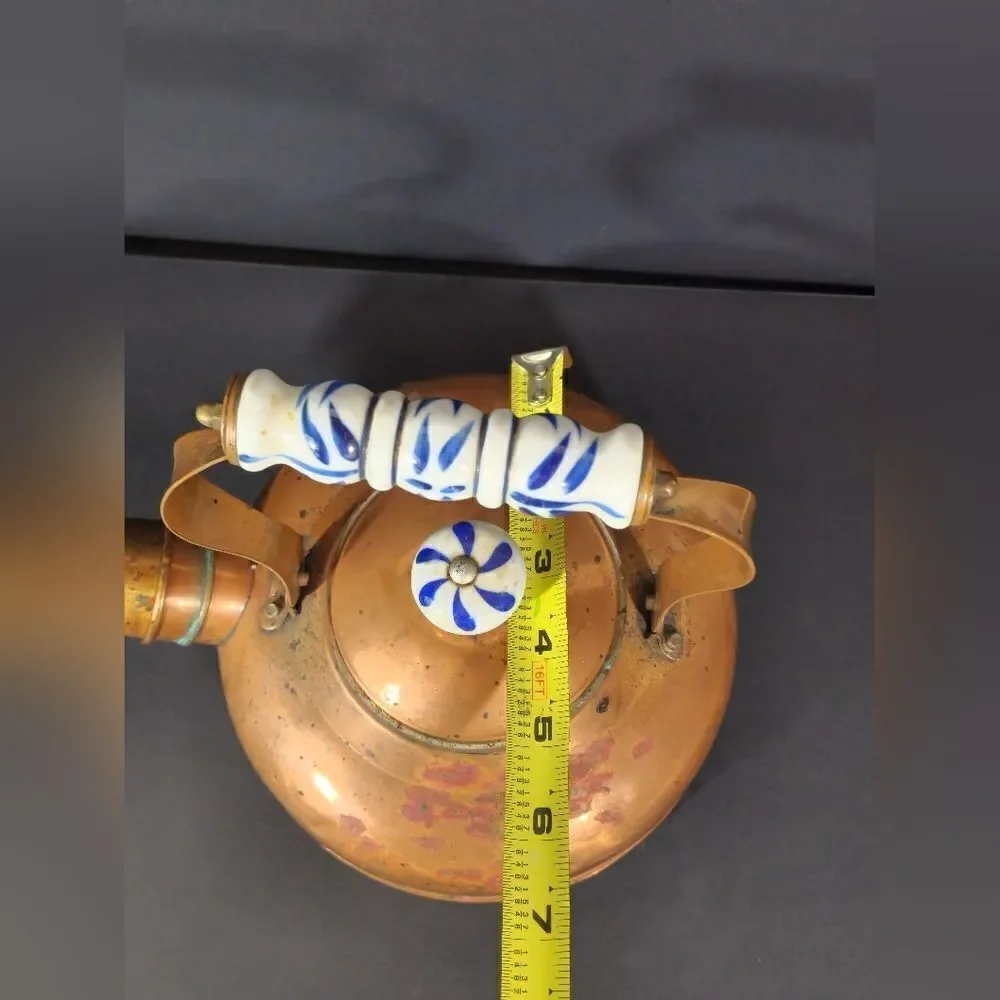 Antique Copper brass teapot with porcelain Delft handle